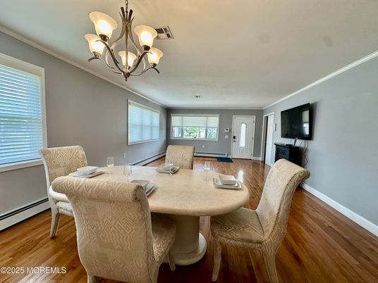 Chandelier, Dining room, Interior, Wood Texture Flooring