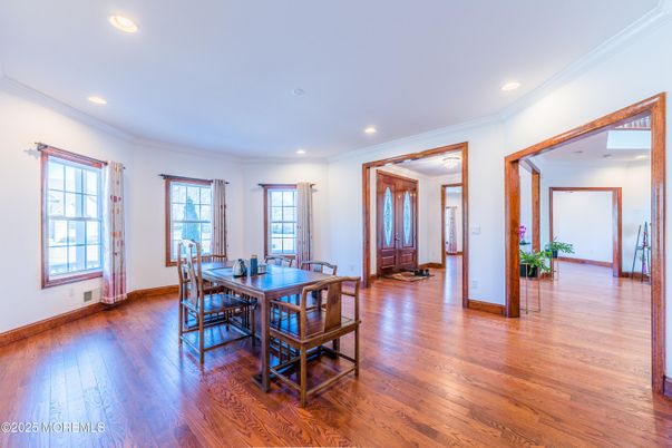 Dining room, Interior, Recessed Lighting, Wood Texture Flooring