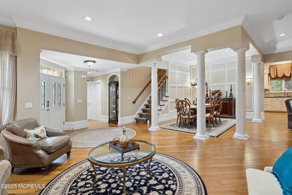 Dining room, Interior, Living room, Recessed Lighting, Wood Texture Flooring