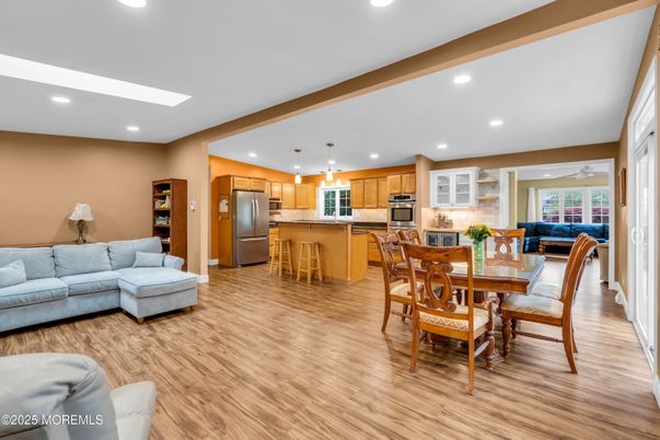 Dining room, Interior, Kitchen, Living room, Pendant Lights, Recessed Lighting, Stainless Steel Appliances, Wood Texture Flooring