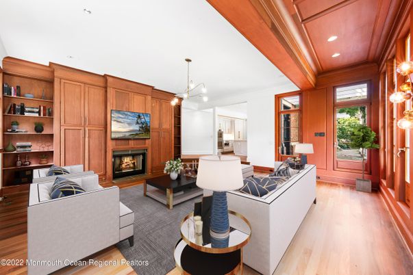 Fireplace, Interior, Living room, Pendant Lights, Recessed Lighting, Wooden Ceilings, Wood Texture Flooring, Wooden Walls