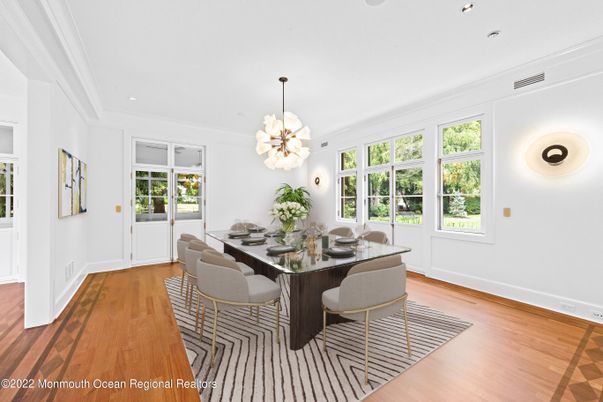 Dining room, Interior, Pendant Lights, Recessed Lighting, Wood Texture Flooring
