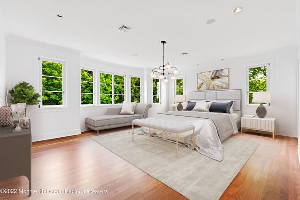 Bedroom, Interior, Pendant Lights, Recessed Lighting, Wood Texture Flooring