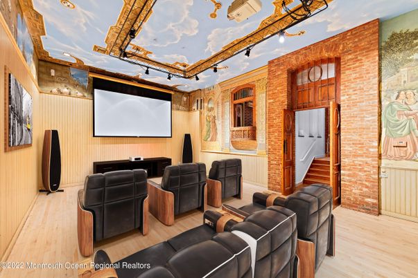 Home Theatre Room, Interior, Projection Screen, Stone Walls, Theatre Room, Wood Texture Flooring