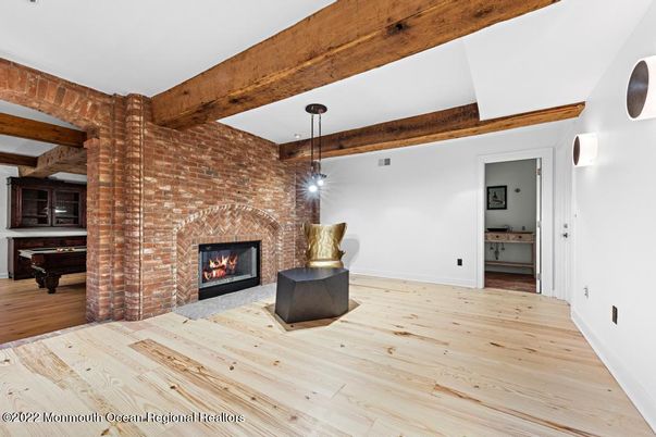 Fireplace, Interior, Pendant Lights, Stone Walls, Wooden Beams, Wood Texture Flooring