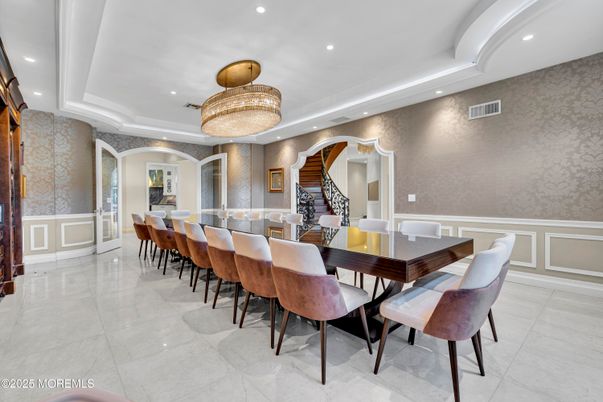 Chandelier, Dining room, Interior, Recessed Lighting