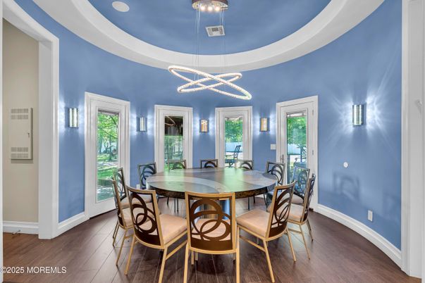 Dining room, Interior, Pendant Lights, Wood Texture Flooring