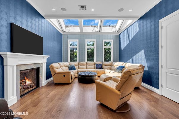 Fireplace, Interior, Living room, Recessed Lighting, Wood Texture Flooring