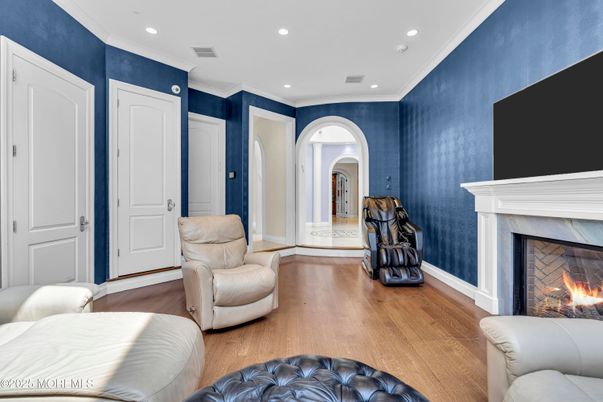 Fireplace, Interior, Recessed Lighting, Wood Texture Flooring