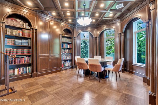 Dining room, Interior, Pendant Lights, Recessed Lighting, Wood Texture Flooring
