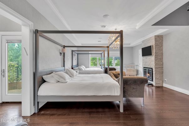Bedroom, Fireplace, Interior, Stone Walls, Wood Texture Flooring