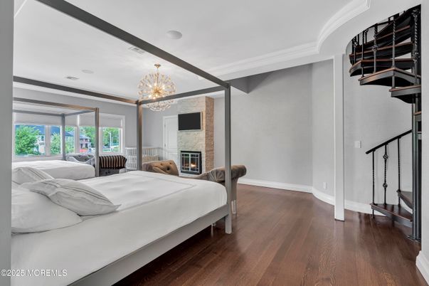 Bedroom, Fireplace, Interior, Pendant Lights, Wood Texture Flooring