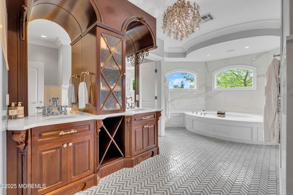 Bathroom, Chandelier, Interior, Marble Walls, Recessed Lighting