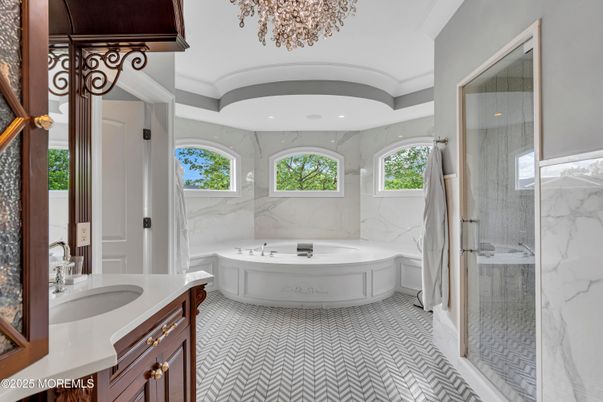 Bathroom, Glass Shower, Interior, Marble Walls, Recessed Lighting