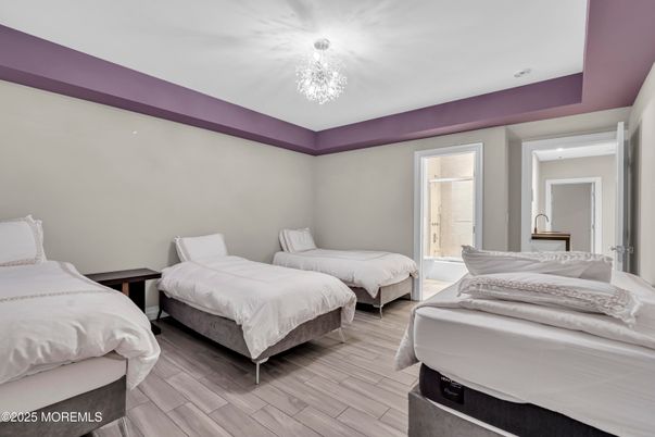 Bedroom, Chandelier, Interior, Recessed Lighting, Wood Texture Flooring