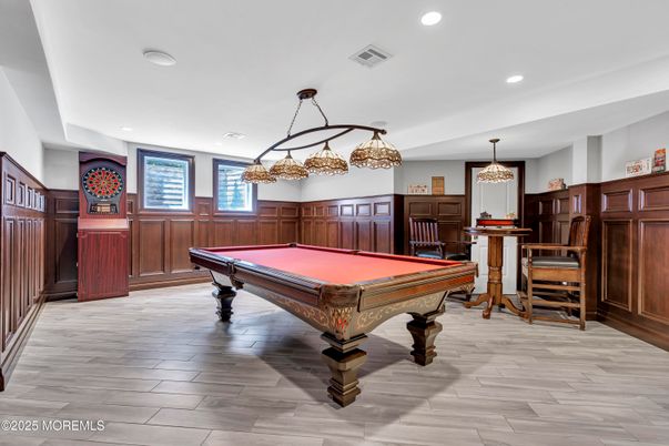 Billiard Table, Chandelier, Game Room, Interior, Recessed Lighting, Wood Texture Flooring