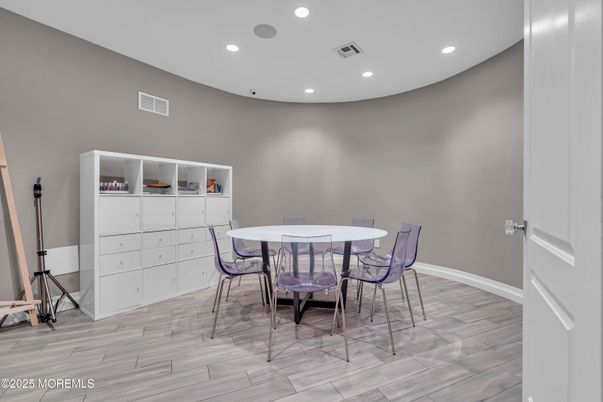 Dining room, Interior, Recessed Lighting, Wood Texture Flooring