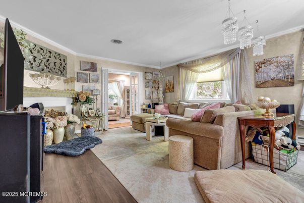 Chandelier, Interior, Living room, Wood Texture Flooring