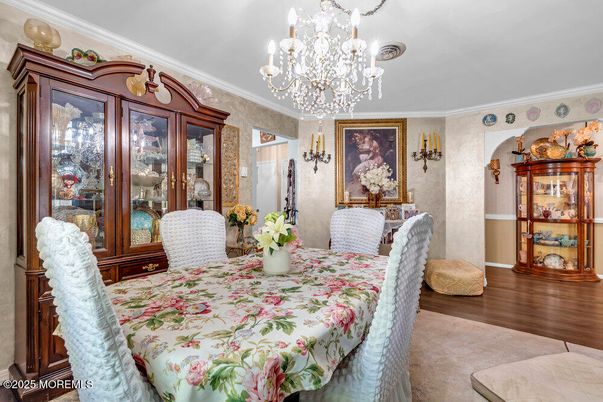 Chandelier, Dining room, Interior, Wood Texture Flooring