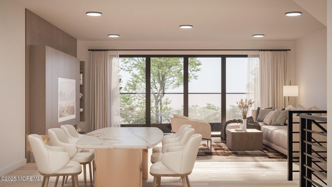 Dining room, Interior, Recessed Lighting, Wood Texture Flooring