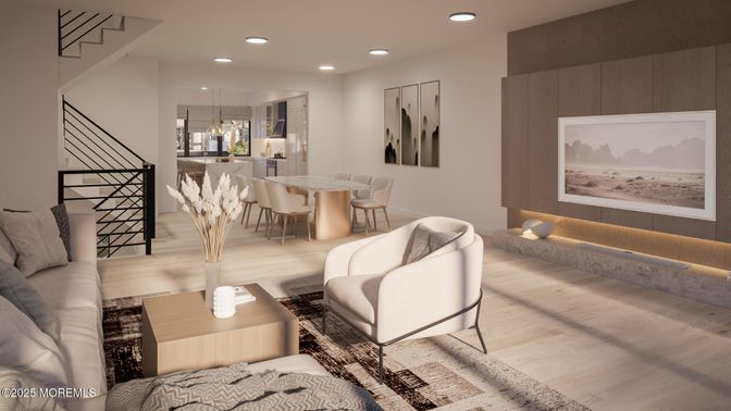 Dining room, Interior, Living room, Pendant Lights, Recessed Lighting, Wood Texture Flooring