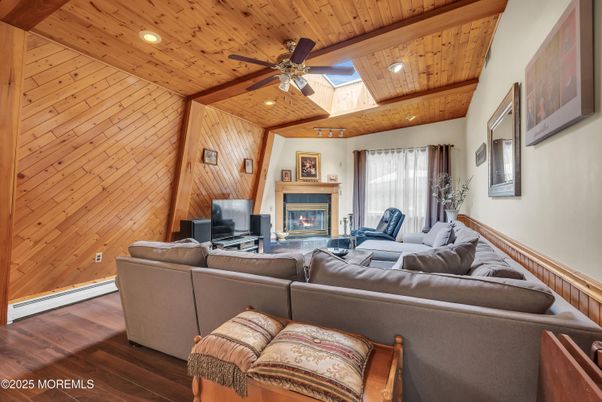 Fireplace, Interior, Living room, Recessed Lighting, Wooden Beams, Wooden Ceilings, Wood Texture Flooring, Wooden Walls