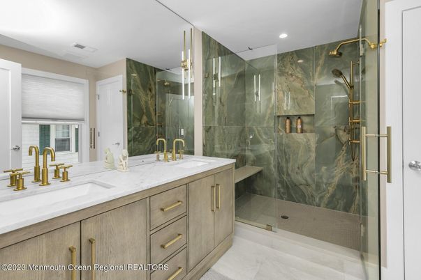 Bathroom, Dual Sink Vanities, Glass Shower, Interior, Marble, Recessed Lighting