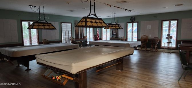 Billiard Table, Game Room, Interior, Pendant Lights, Recessed Lighting, Wood Texture Flooring