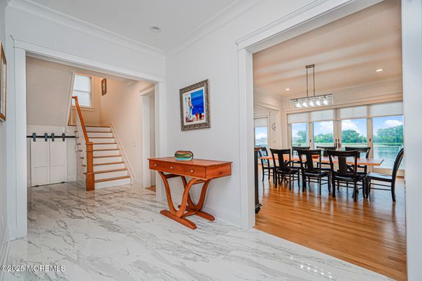 Dining room, Interior, Marble, Pendant Lights, Recessed Lighting, Wood Texture Flooring
