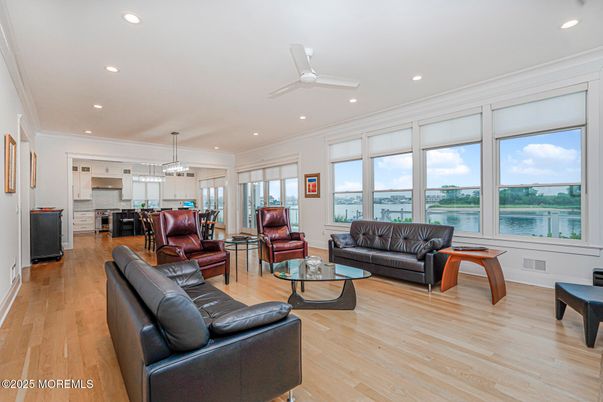 Interior, Kitchen, Living room, Pendant Lights, Recessed Lighting, Water, Wood Texture Flooring