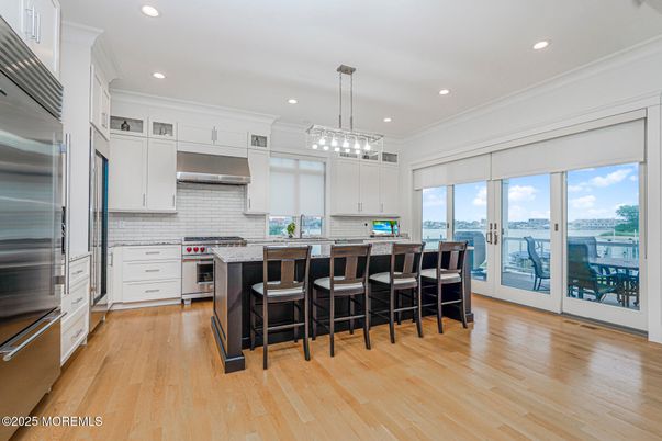 Interior, Kitchen, Pendant Lights, Recessed Lighting, Stainless Steel Appliances, Water, Wood Texture Flooring