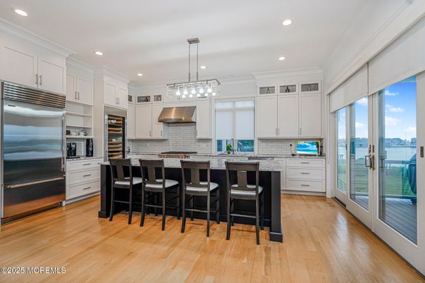 Interior, Kitchen, Pendant Lights, Recessed Lighting, Stainless Steel Appliances, Water, Wood Texture Flooring