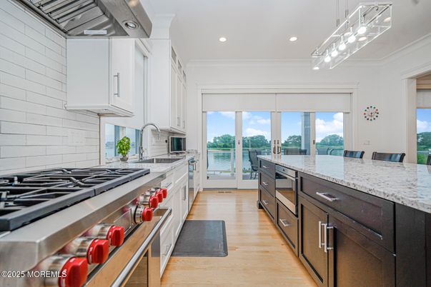 Interior, Kitchen, Pendant Lights, Recessed Lighting, Stainless Steel Appliances, Water, Wood Texture Flooring