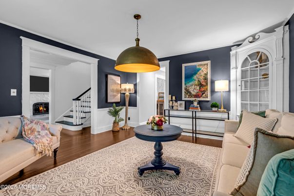 Fireplace, Interior, Living room, Pendant Lights, Wood Texture Flooring