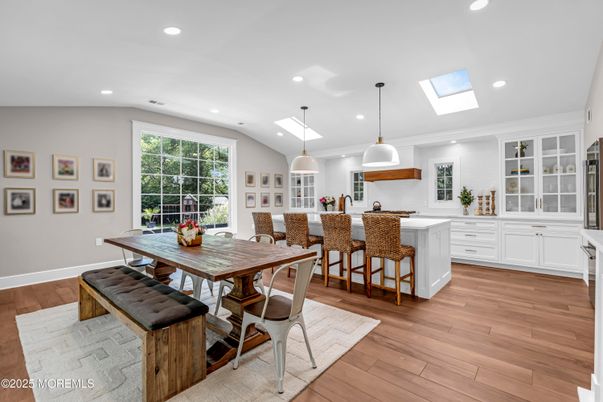 Dining room, Interior, Kitchen, Pendant Lights, Recessed Lighting, Wood Texture Flooring