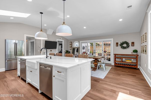 Dining room, Interior, Kitchen, Pendant Lights, Recessed Lighting, Stainless Steel Appliances, Wood Texture Flooring