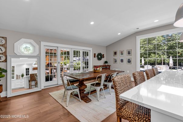 Dining room, Interior, Recessed Lighting, Wood Texture Flooring