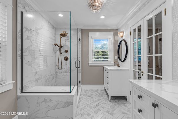 Bathroom, Glass Shower, Interior, Marble Walls, Recessed Lighting