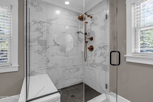 Bathroom, Glass Shower, Interior, Marble Walls, Recessed Lighting