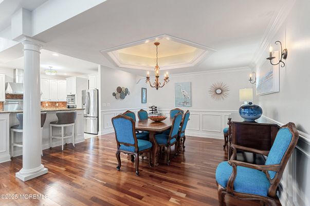 Chandelier, Dining room, Interior, Kitchen, Recessed Lighting, Stainless Steel Appliances, Wood Texture Flooring