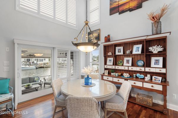Dining room, Interior, Pendant Lights, Water, Wood Texture Flooring
