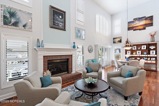 Dining room, Fireplace, Interior, Living room, Pendant Lights, Wood Texture Flooring