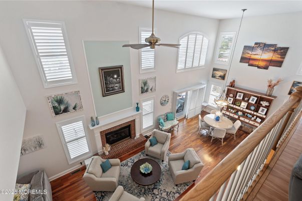 Fireplace, Interior, Living room, Pendant Lights, Wood Texture Flooring