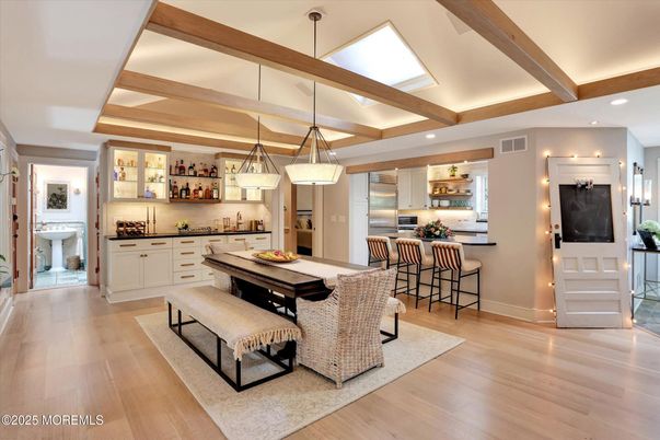 Dining room, Interior, Kitchen, Pendant Lights, Recessed Lighting, Stainless Steel Appliances, Wooden Beams, Wood Texture Flooring