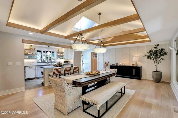 Dining room, Interior, Kitchen, Pendant Lights, Recessed Lighting, Stainless Steel Appliances, Wooden Beams, Wood Texture Flooring