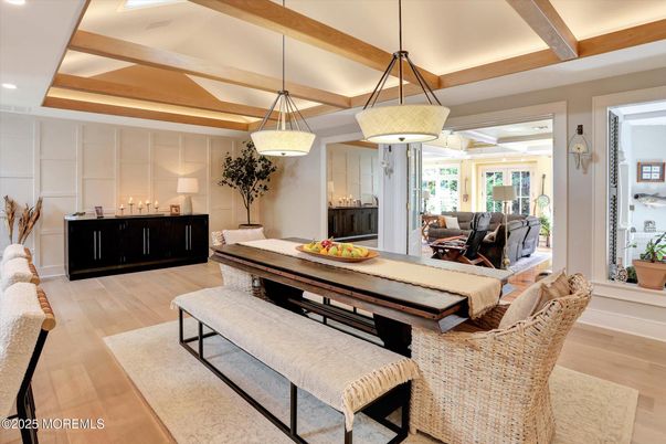 Dining room, Interior, Living room, Pendant Lights, Recessed Lighting, Wood Texture Flooring