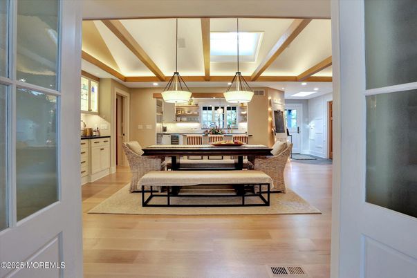 Dining room, Interior, Pendant Lights, Recessed Lighting, Wood Texture Flooring