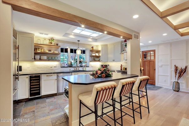 Interior, Kitchen, Pendant Lights, Recessed Lighting, Stainless Steel Appliances, Wooden Beams, Wood Texture Flooring