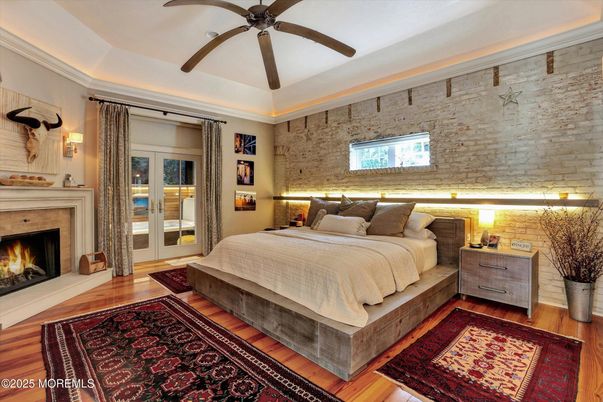 Bedroom, Fireplace, Interior, Stone Walls, Wood Texture Flooring