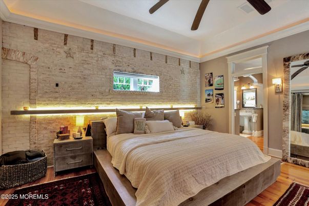 Bedroom, Interior, Stone Walls, Wood Texture Flooring